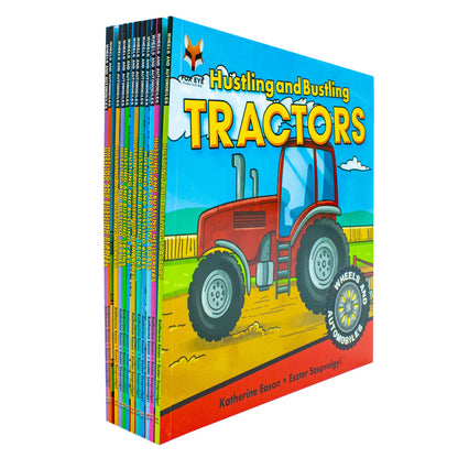 Wheels and Automobiles Collection 12 Amazing Books Set: (Hustling and Bustling Machines, Boats, Buses, Cars & More