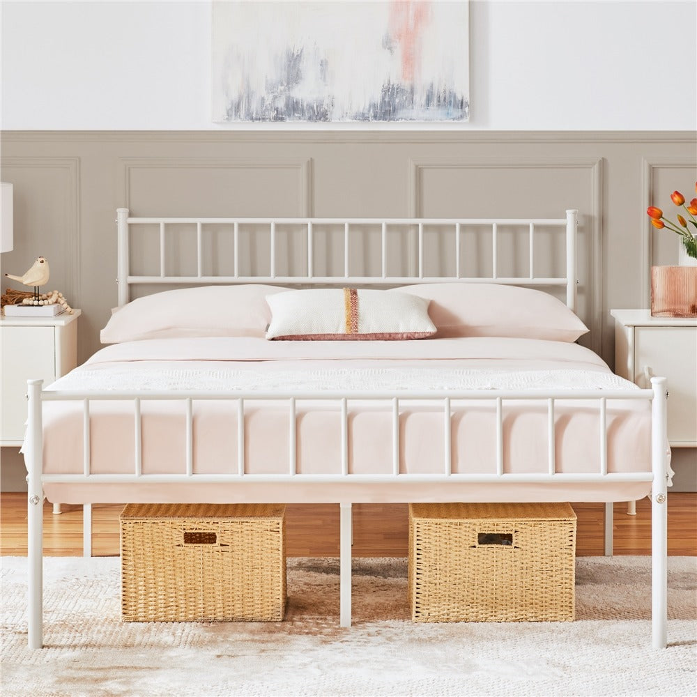 Slatted Headboard Metal Bed Frame Single & Double – 32cm Under-Bed Storage, 204kg Load, No Box Spring Needed, Easy Assembly | Black White Pink Silver