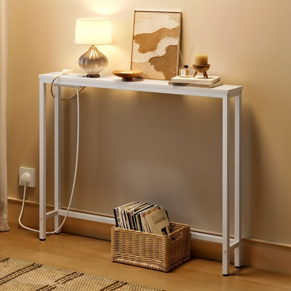 Console Table with Charging Station 100cm – Compact Narrow Hallway Table with USB Ports & Power Outlets, Slim Entryway Sofa Side Table for Small Spaces, Living Room & Bedroom, Rustic Brown