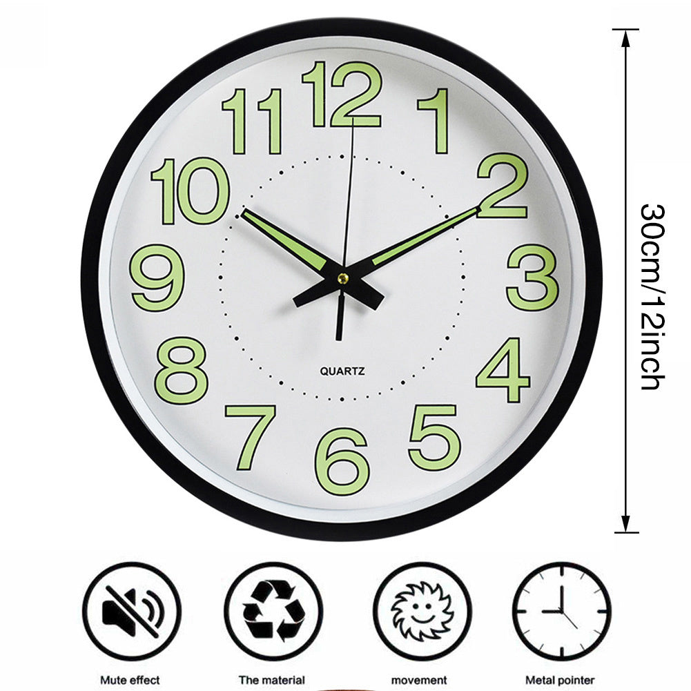 12" Luminous Wall Clock Glow in The Dark Wall Clock Silent Quartz Wall Clocks Non Ticking Sweep Movement, Easy To Read, Perfect for Living Room, Bedroom, Kitchen, Office, Study Room, Dining Room, Halloween Christmas Gifts, Birthday Gifts