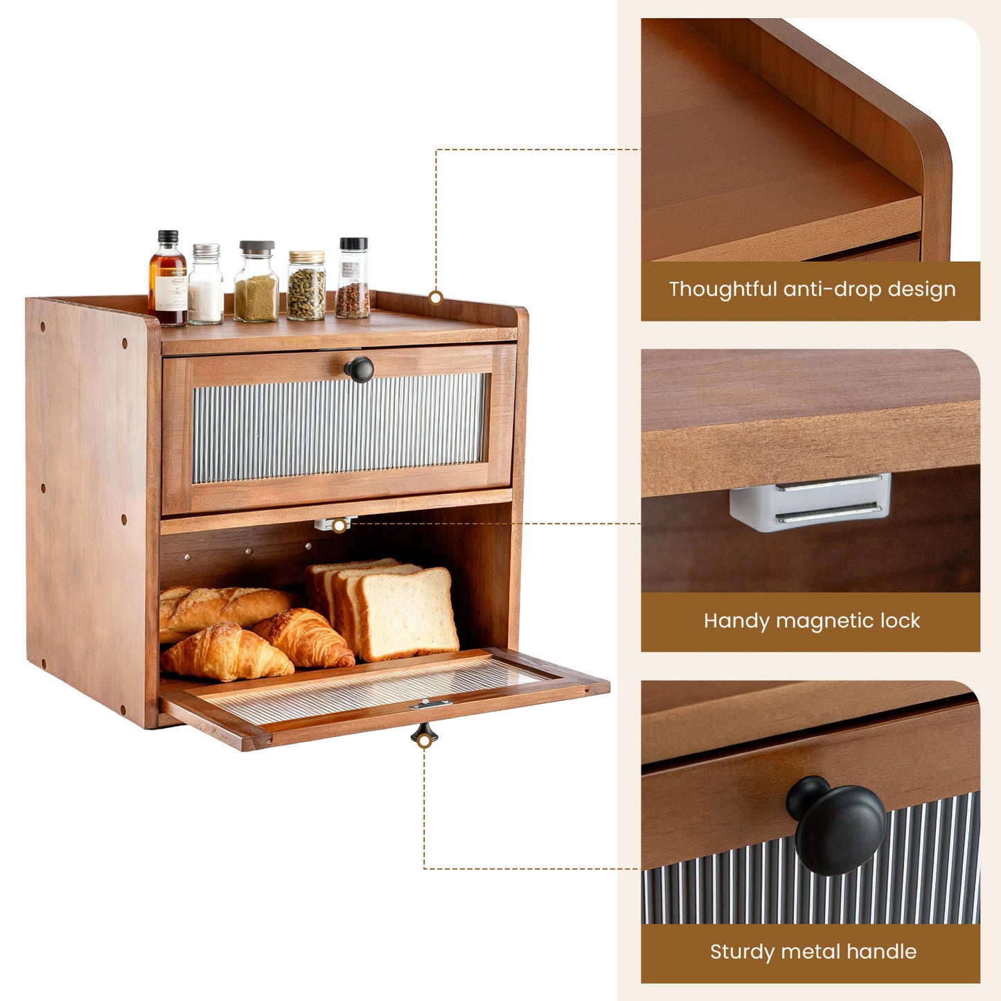 Double Layer Bread Box for Kitchen Counter, 2 Decker Large Wooden Bread Bin, Corner Bread Storage Container with Acrylic Windows, Dry Food Container with Air Vents to Keep Fresh, Self Assembly