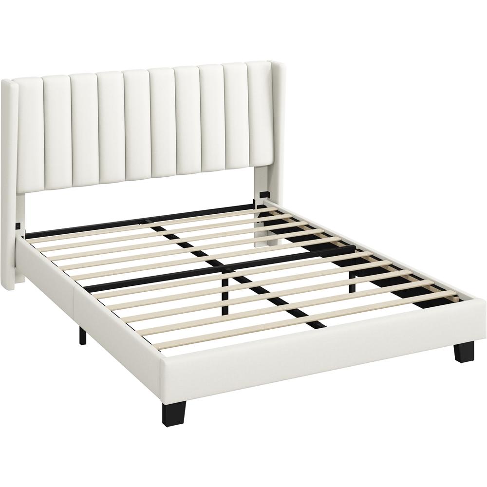 Costoffs Upholstered Bed Frame, Double/King Size Bed Frame, Platform Bed Frame with Channel Tufted Headboard, Upholstered Bed Frame with Wing Side, Mattress Foundation with Wooden Slat Support, Sturdy Wooden Slat Support, No Box Spring Needed, Beige/Dark