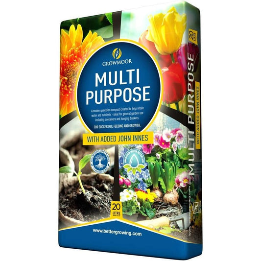 Growmoor Multi-Purpose Compost 20L With John Innes Soil Fertiliser Provides Root Development Improves Water Retention for Garden Containers Hanging Baskets