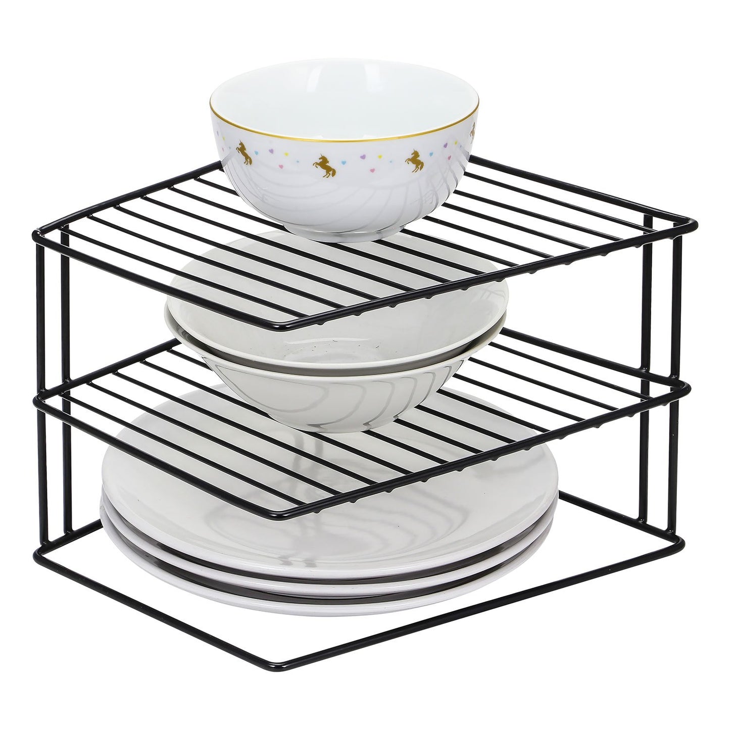 Taylor & Brown 3 Tier Corner Kitchen Plate Bowl Rack Stand Holder Tidy Cupboard Shelf Insert Storage Organiser, Space Saving, H19 x W25.5 x D25.5cm, White