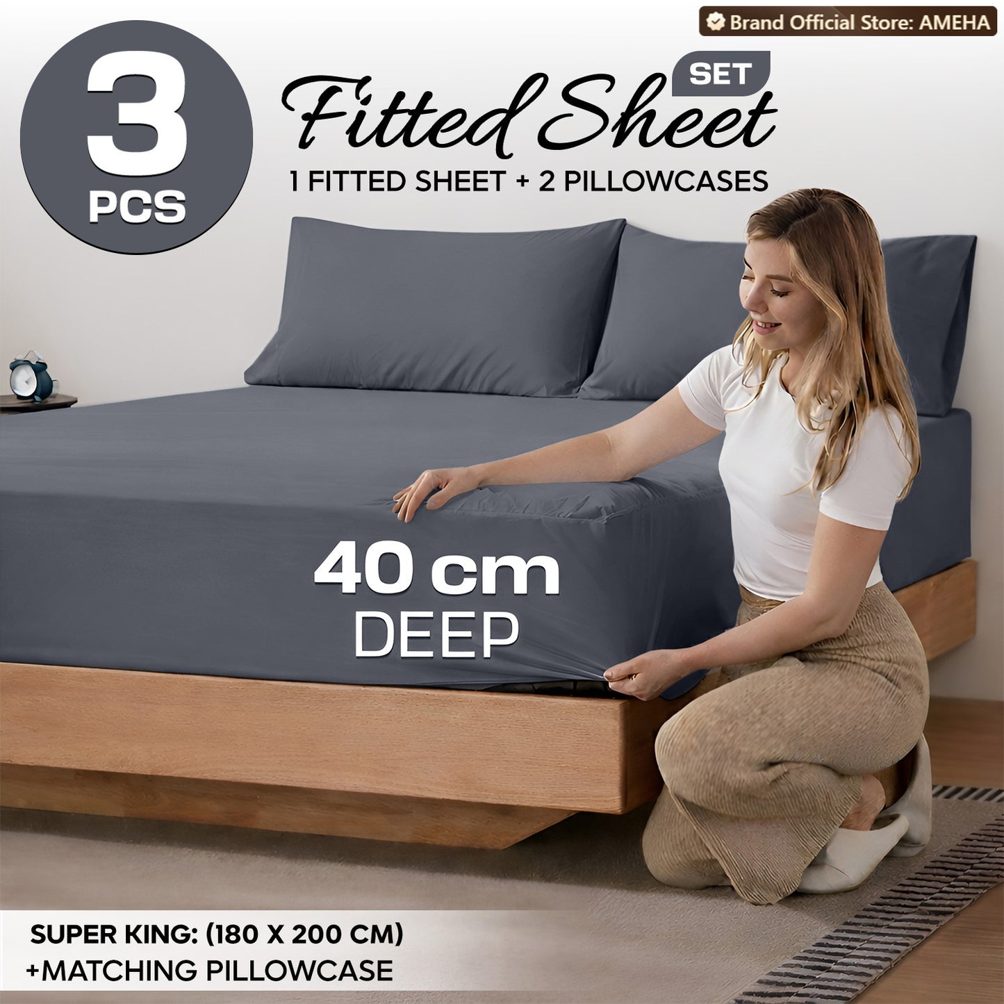 3pcs 40cm Extra Deep Fitted Sheet – Solid Color Soft & Comfortable Bed Sheet with 2pcs Matching Pillowcases, Breathable Fabric Soft Brushed Microfiber Bedding, Machine Washable for Home Bedroom, Hotel