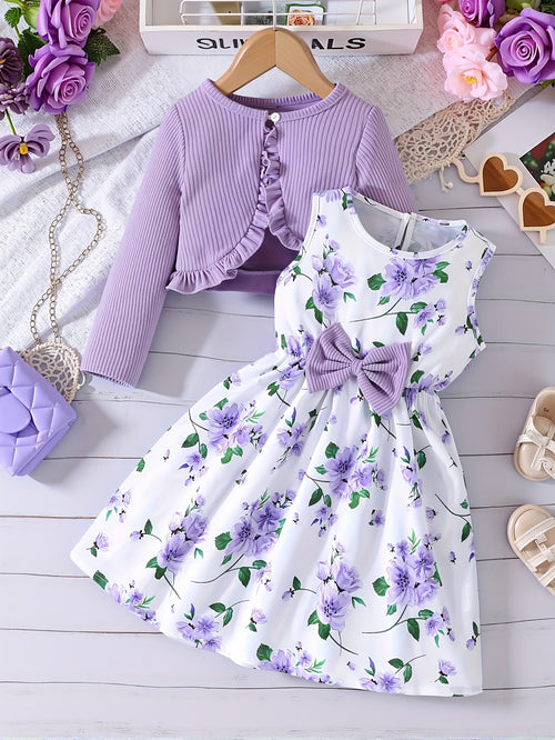 Girls' Clothing for Spring, Summer, And Autumn Featuring a Cardigan And a Print Dress, Perfect for Back-To-School Season And Stylish Campus Outfits in a Two-Piece Set