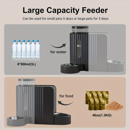 Dog And Cat Food Feeder And Water Dispenser, Two-In-One Set, Automatic Gravity Feeding, 304 Stainless Steel Bowl, Removable And Washable, for Small/Medium/Large Dogs And Cats, 3L Large Capacity, Black, Without Battery