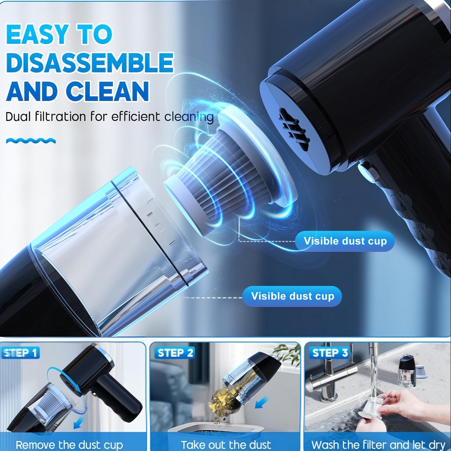 [Car Wireless Vacuum Cleaner] 15000Pa Large Suction Power Handheld And Portable, Long Battery Life Fast Charging with Flat Suction Head, Powerful Vacuuming, Hair Removal, Pet Hair, Nook And Cranny Cleaning, Dust And Hair In The Car, And Suck It Up