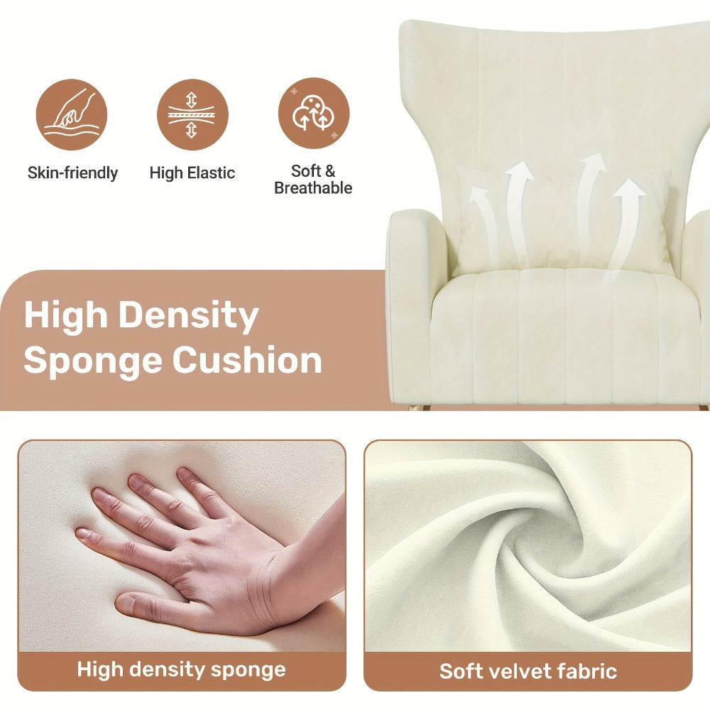 Velvet Armchair Wing Chair with Cushion & Pillow | Golden Metal Legs Padded Ergonomic Seat | Lounge Reading Reception Chair | Grey Beige Black | Living Room Bedroom Office