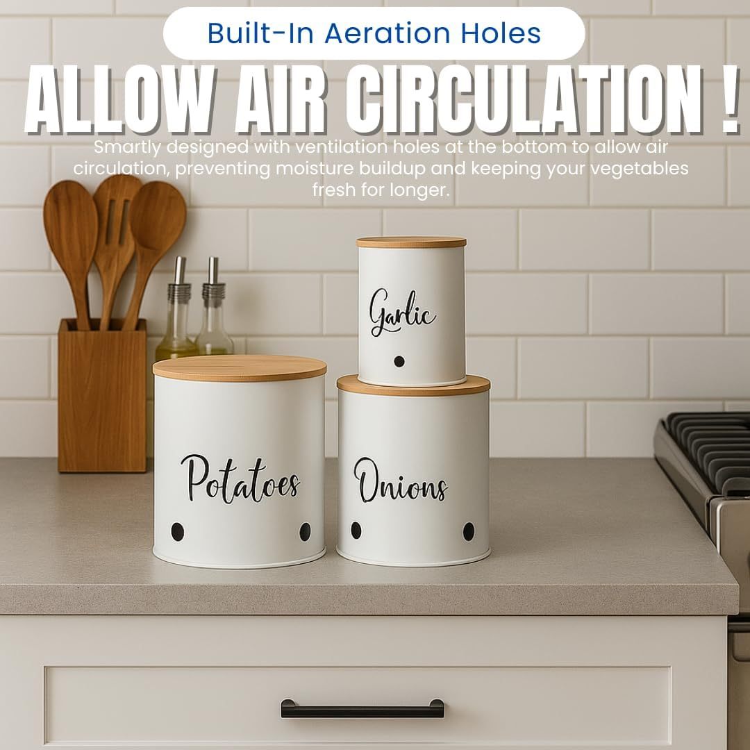 Trendi 3-Pack Stackable Vegetable Storage Tins – White Round Metal Canisters for Potato, Onion & Garlic – Kitchen Pantry Jars with Lids & Air Vents