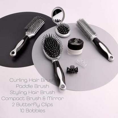 Professional 16pcs Hair Care Kit Set Features Curling Brush Paddle Brush Styling Brush Butterfly Clips a Compact Brush Mirror and Hair Bands for Womens & Girls