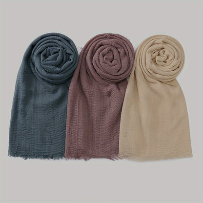 3pcs/Lot Solid Color Bubble Pleated Warm Autumn And Winter Scarf Solid Color Muslim Headscarf Hijab Scarf Ramadan