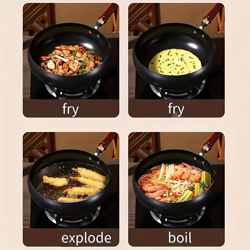 Professional Handmade Cast Iron Dutch Wok - Uncoated, Wooden Lid, Multi-Purpose Wok, Frying Pan Stock Pot Anti-Splatter Oven & All Stove Compatible Durable, Even Heating for Healthy