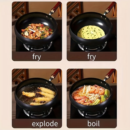 Professional Handmade Cast Iron Dutch Wok - Uncoated, Wooden Lid, Multi-Purpose Wok, Frying Pan Stock Pot Anti-Splatter Oven & All Stove Compatible Durable, Even Heating for Healthy