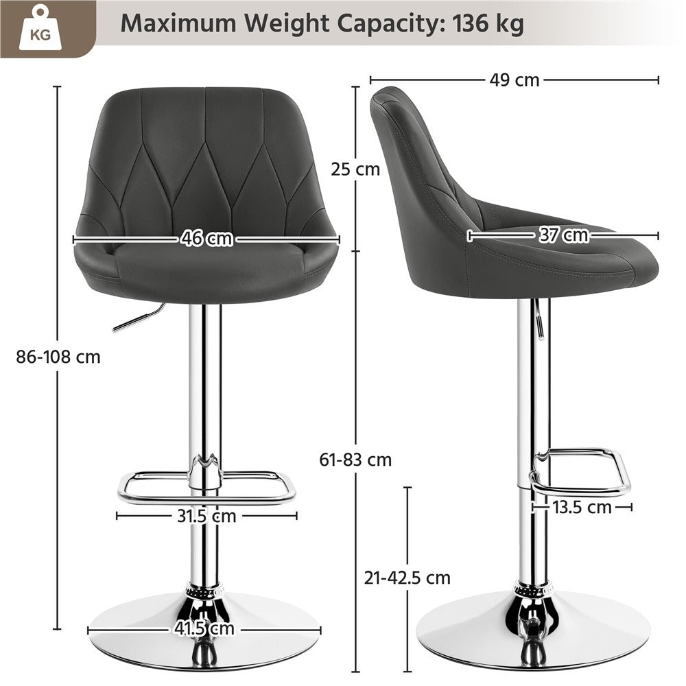 Swivel Bar Stools Set of 2 Faux Leather Height Adjustable 61.5-83cm Ergonomic Backrest Cushioned Seat Chrome Footrest 136kg Capacity Kitchen Island Counter Dark Grey Black White Retro Brown Light Grey