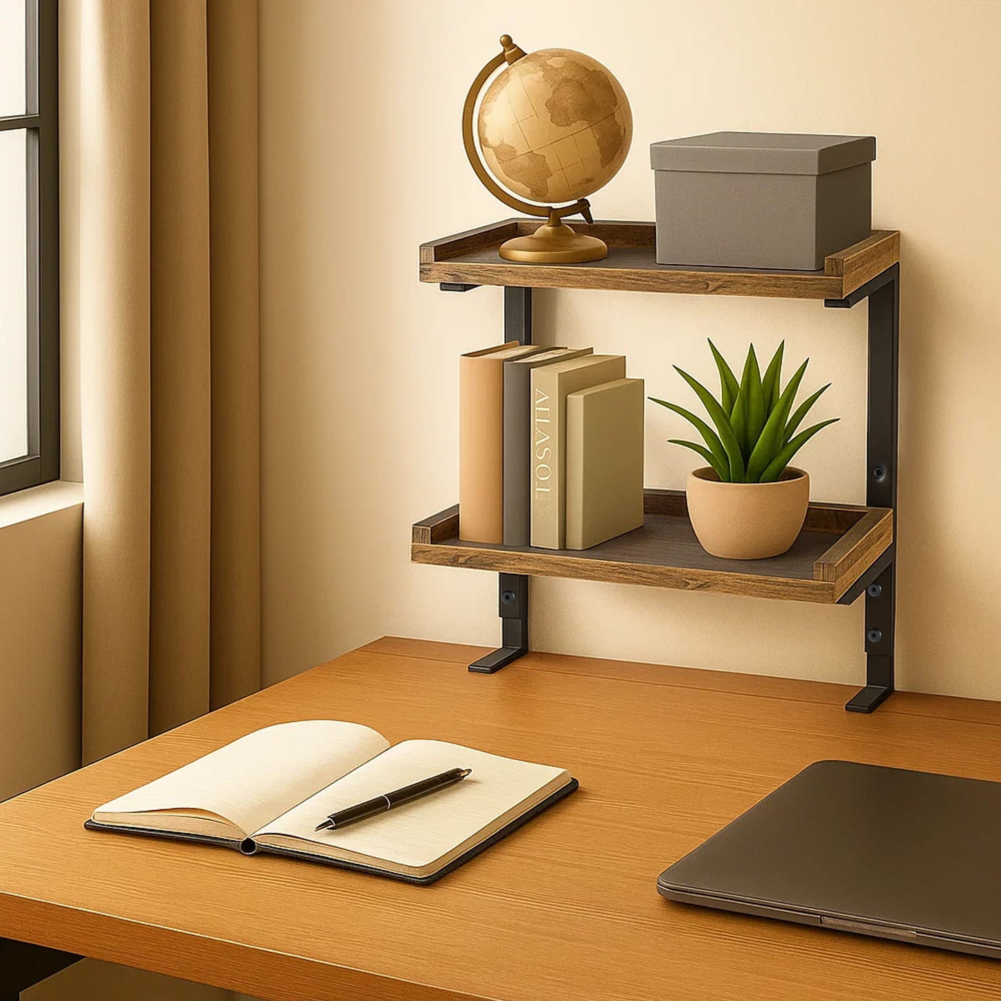 2-Tier Brown Clamp-On Desk Shelf Wood Shelving Unit Adjustable Height for Office Gaming Accessories, Tabletop Book Storage Rack