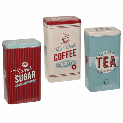 Almineez Retro Set of 3 Stainless Steel Tea Coffee Sugar Jar Canisters Kitchen Container Tins Storage Organiser Set Air Tight Vintage Design