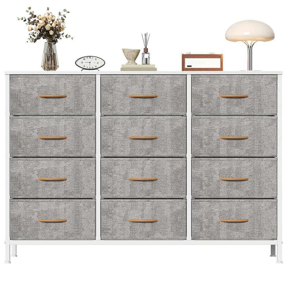 12 Drawer Chest of Drawers Fabric with Wooden Frame & Gold Handles – Tall Storage Unit for Bedroom Living Room Hallway Deep Grey Beige