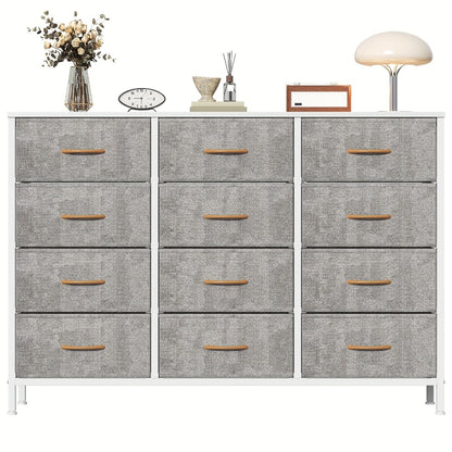 12 Drawer Chest of Drawers Fabric with Wooden Frame & Gold Handles – Tall Storage Unit for Bedroom Living Room Hallway Deep Grey Beige