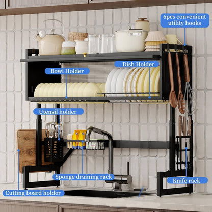 Over Sink Dish Drying Rack, Sink Dish with Fruit Basket, 3 Tier Drainers Large Dish Drying Rack, Adjustable Large Drainer Rack, Storage Shelf with Utensils Holder, for Drying Bowls Plates Cups (85cm)