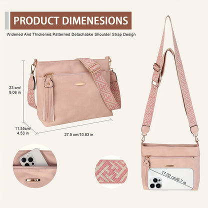 New Large-Capacity Women's Crossbody Bag with Fashionable Tassel Accessory, Wide Shoulder Strap, Contrast Color Square Bag, Simple, Casual, Versatile Commuter Single-Shoulder Underarm Bag