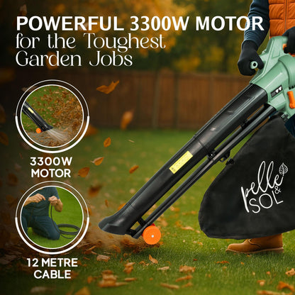3300W Corded 3-in-1 Leaf Blower Vacuum Mulcher with 45L Bag, 12m Cable & Wheels for Garden Yard Patio