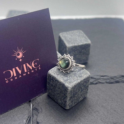 925 Sterling Silver Natural Opal / Labradorite /Moonstone/Labradorite/Amethyst /Turquoise/Chalcedony/Tigers Eye Round Flower Ring