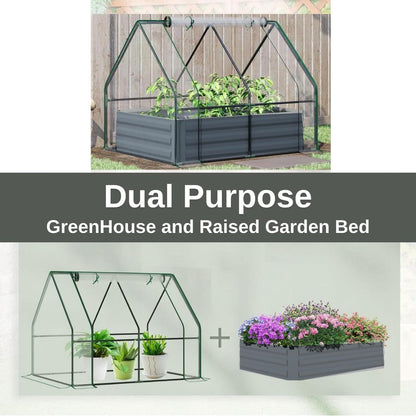 Raised Garden Bed with Greenhouse - 125 x 95 x 92 cm Compact Small Greenhouse With Metal Garden Bed included, Steel Frame, Clear PVC Cover, Zipped Roll up Windows For Plants, Vegetables, Garden