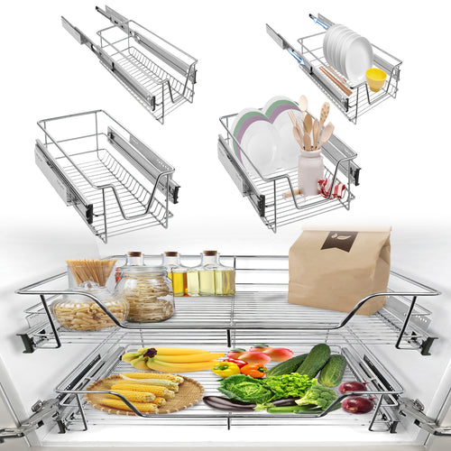 2pcs Telescopic Drawer Kitchen Cabinet, Cupboard Pull-Out Shelf Kitchen Drawers Kitchen Shelf Organizer Basket for Bedroom Drawer Full Extension, Load Capacity Up to 20Kg