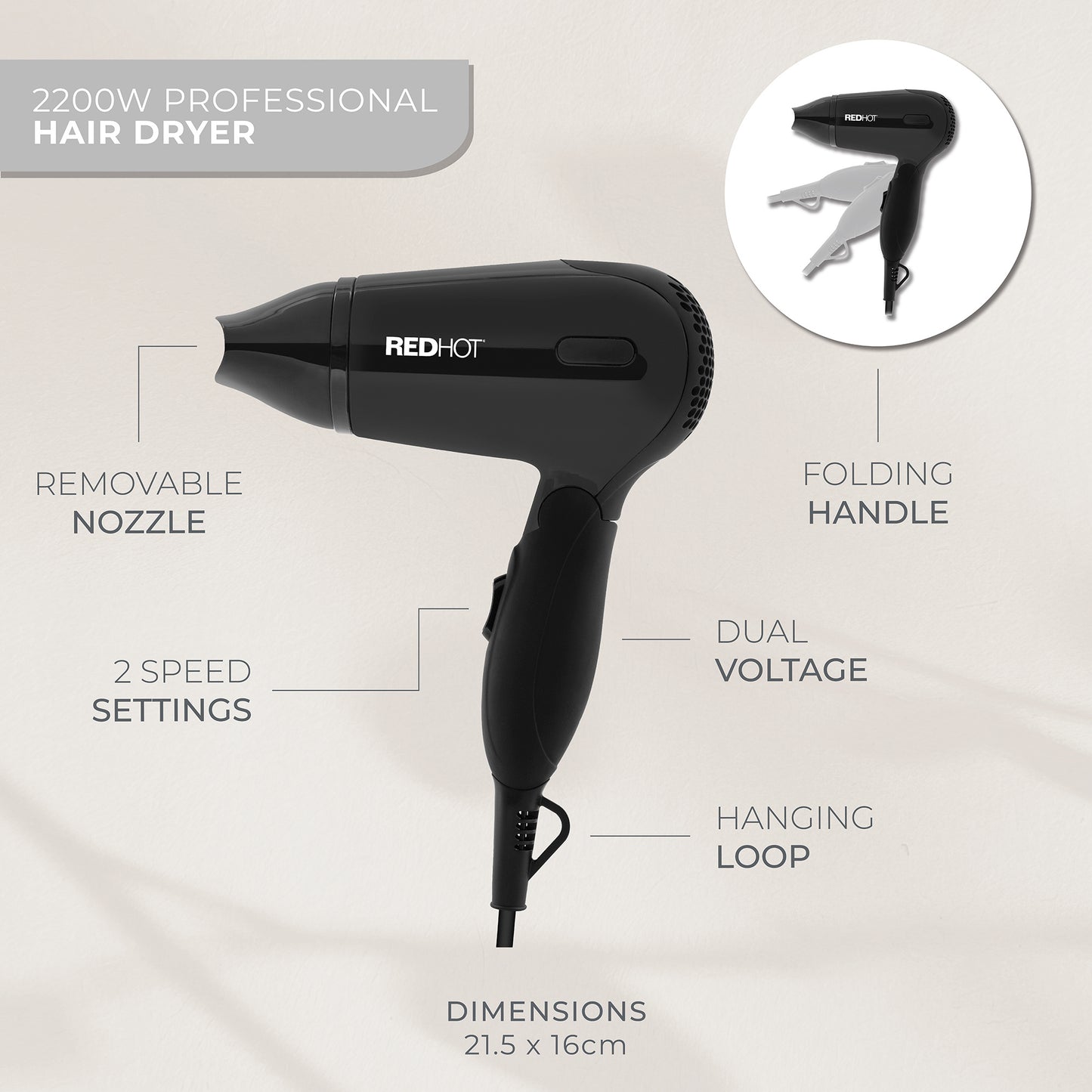 Red Hot 37079 1200W Travel Hair Dryer with Folding Handle/Dual Voltage / 2 Heat Settings/Compact & Lightweight/Black
