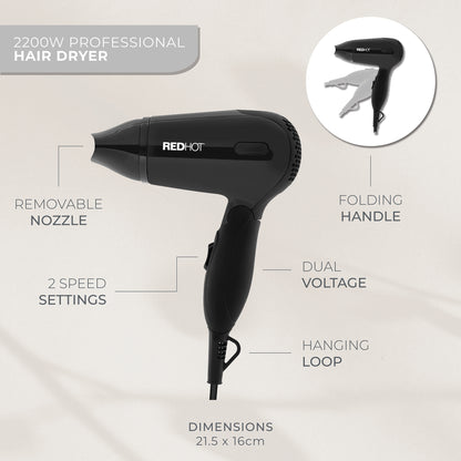 Red Hot 37079 1200W Travel Hair Dryer with Folding Handle/Dual Voltage / 2 Heat Settings/Compact & Lightweight/Black