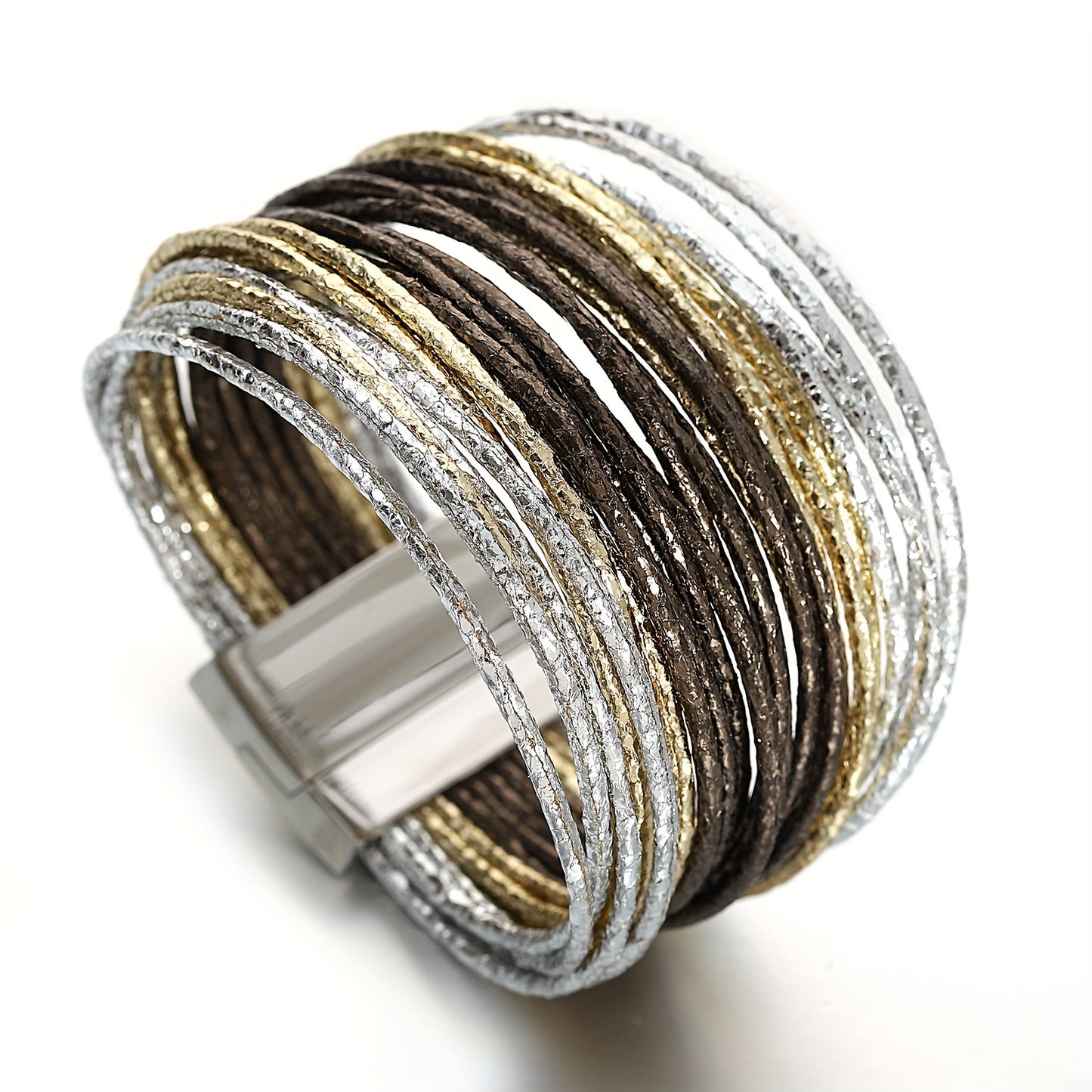 1pc Slim Stripes Wide Multilayer Wrap Bracelet Metallic Shiny Glitter Artificial Leather Cuff with Magnetic Clasp Jewelry for Men Women Holiday Party Birthday Gifts