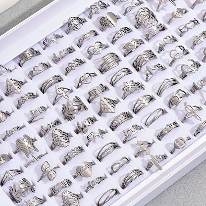 Set Of 20 Hollow Geometry Stainless Steel Rings (Style And Size Random, No Box)