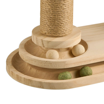 4-in-1 Cat Scratching Post with Sisal Rope, Ball Track & Spring Toy – Interactive Solid Wood Cat Activity Centre, 2 Sizes