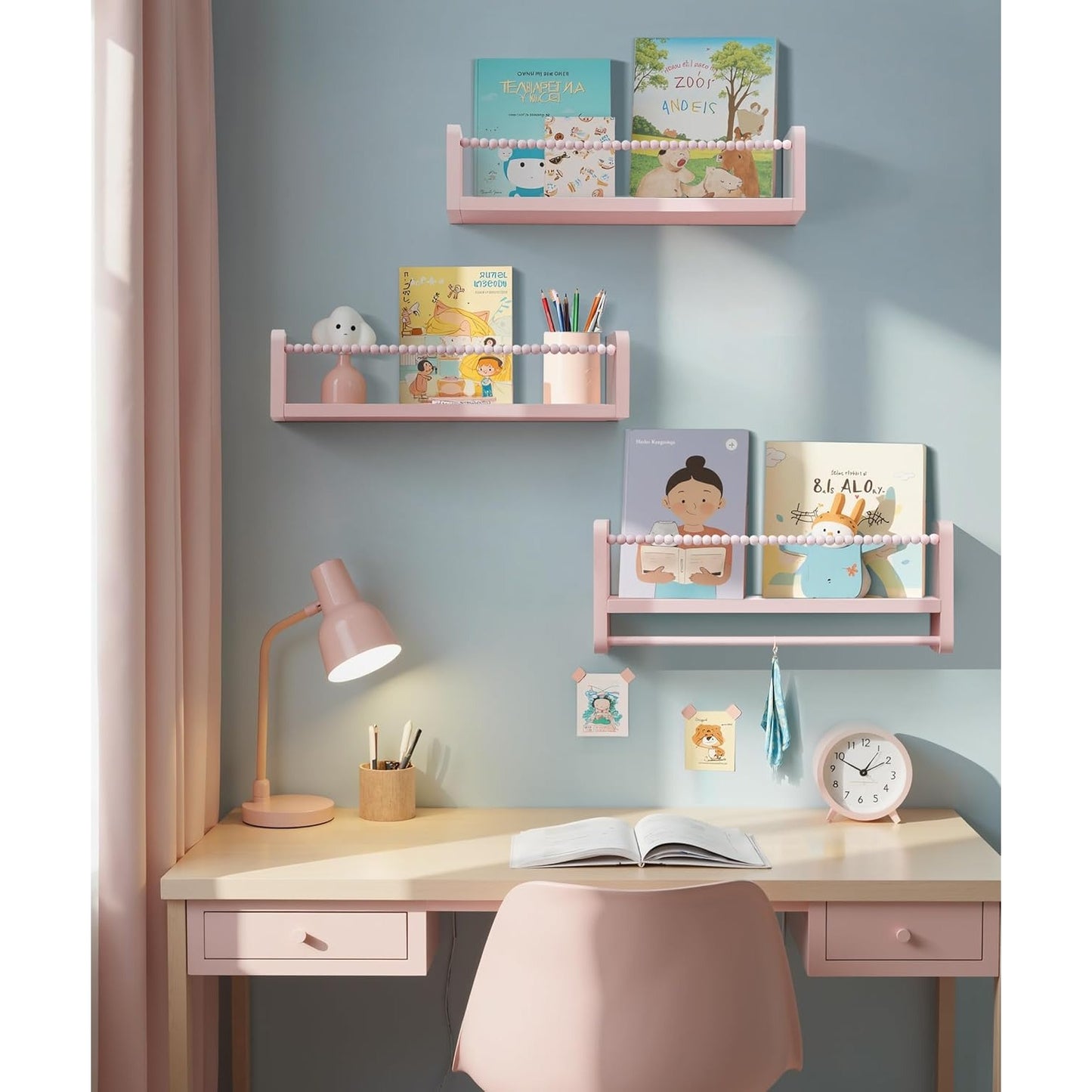 40cm Set of 3 Shelves Floating Book Shelf for Wall, Shelves for Bedroom Bookshelf Pink Room Decor, Solid Wood Small Organizer With Wooden Bead Design