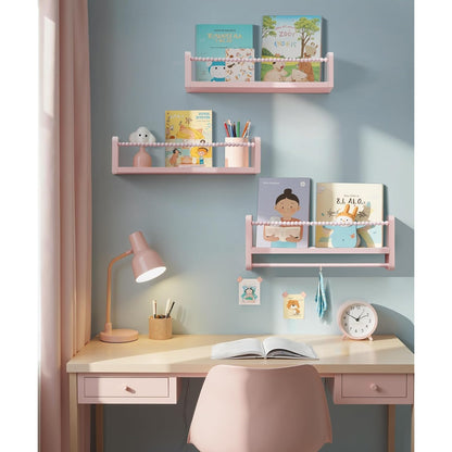 40cm Set of 3 Shelves Floating Book Shelf for Wall, Shelves for Bedroom Bookshelf Pink Room Decor, Solid Wood Small Organizer With Wooden Bead Design