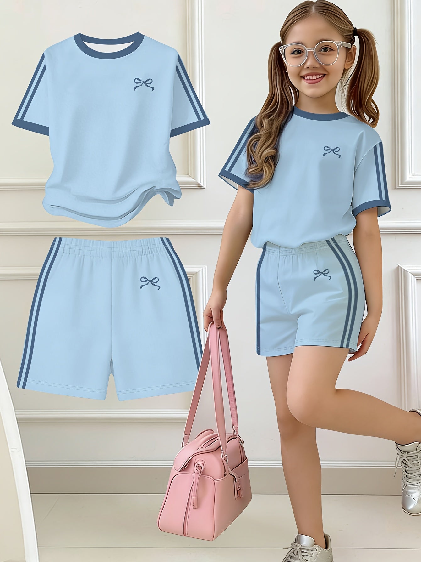 2pcs Set, Easy Bow Print Short Sleeve T-Shirt And Shorts Set, Star Style, Suitable for Spring And Summer, Back-To-School Outfit, Y2K Fashion, Campus Activities, Comfortable Casual, Fashionable And Playful, Hippie Style, Retro Sweet American Style