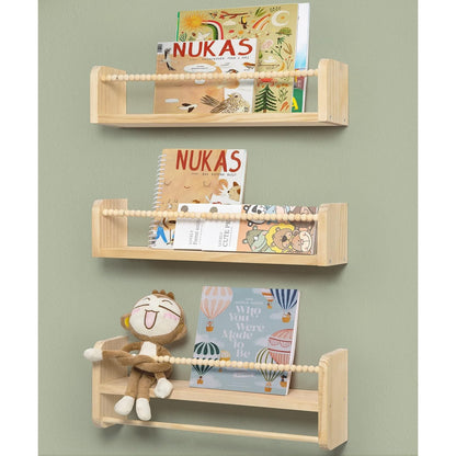 40cm Set of 3 Shelves Floating Book Shelf for Wall, Shelves for Bedroom Bookshelf Pink Room Decor, Solid Wood Small Organizer With Wooden Bead Design