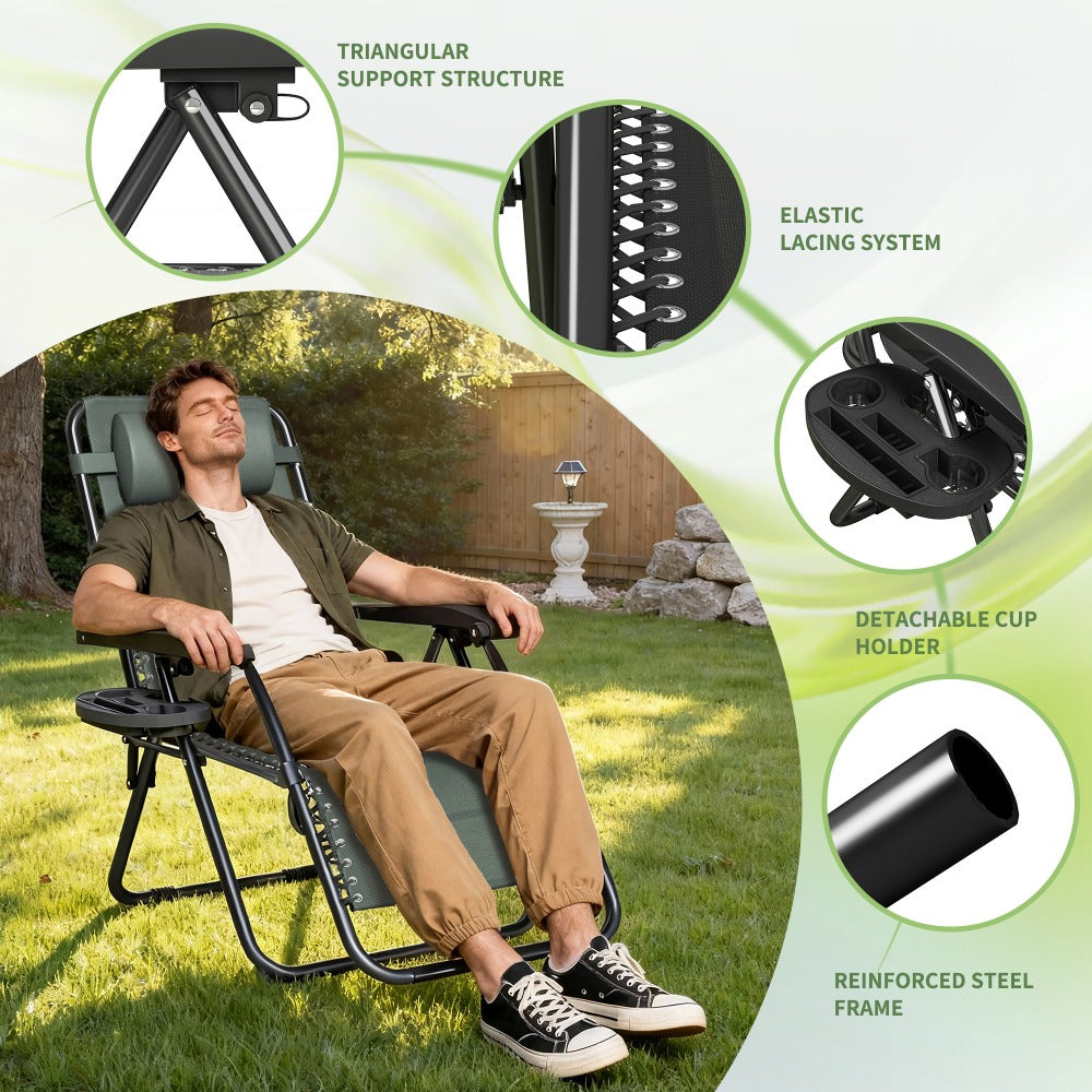Zero Gravity Chair Foldable Reclining Outdoor Patio Lounge Chair with Padded Pillow Armrest Footrest Cup Holder Textilene Fabric Camping Garden Sunlounger Set of 1 or 2
