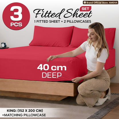 3pcs 40cm Extra Deep Fitted Sheet – Solid Color Soft & Comfortable Bed Sheet with 2pcs Matching Pillowcases, Breathable Fabric Soft Brushed Microfiber Bedding, Machine Washable for Home Bedroom, Hotel
