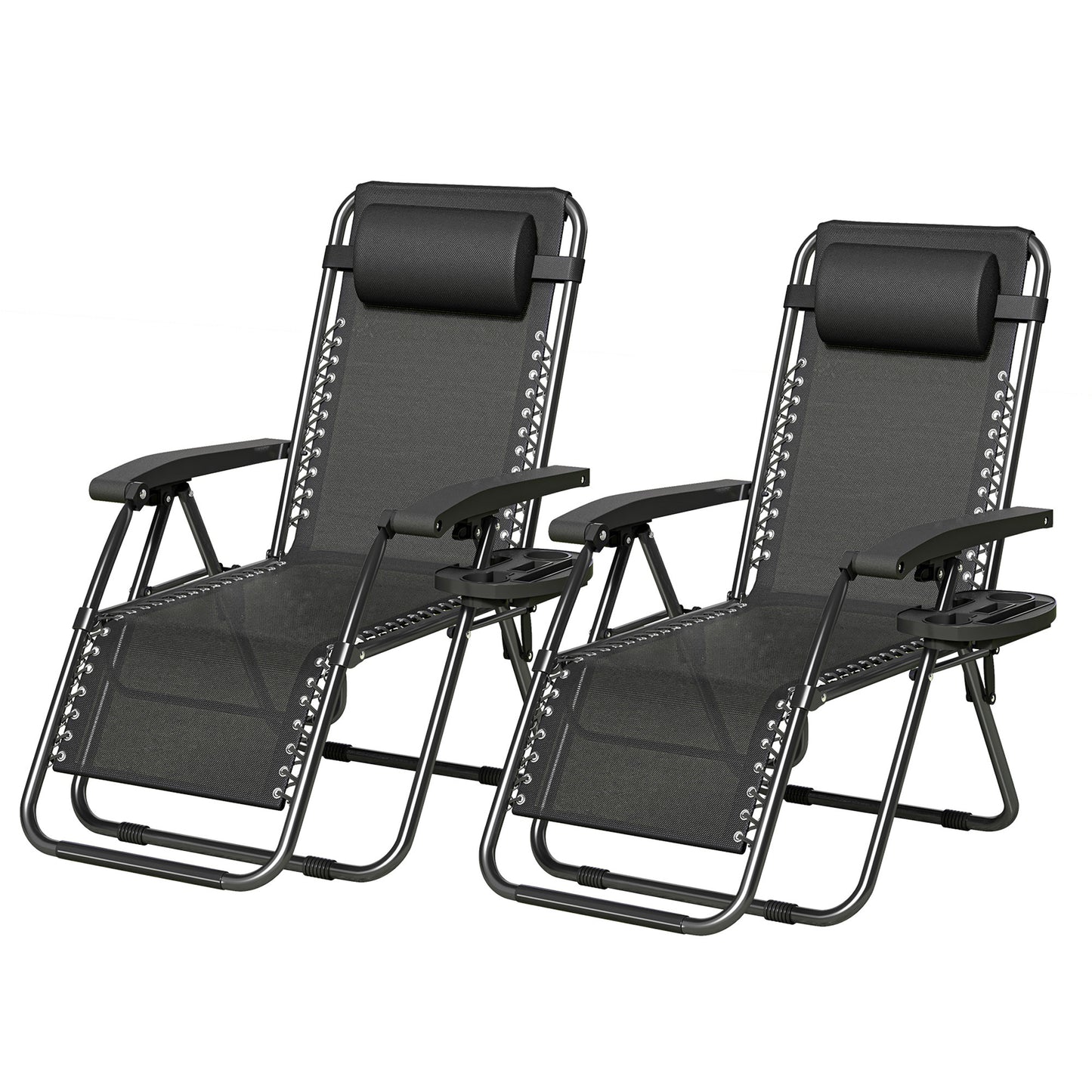 2pcs Zero Gravity Chairs, Fabric Foldable Patio Chairs Outdoor, Lounge Camping Chairs with Padded Pillow, Armrest, Footrest and Cup Holder - Textilene Fabric
