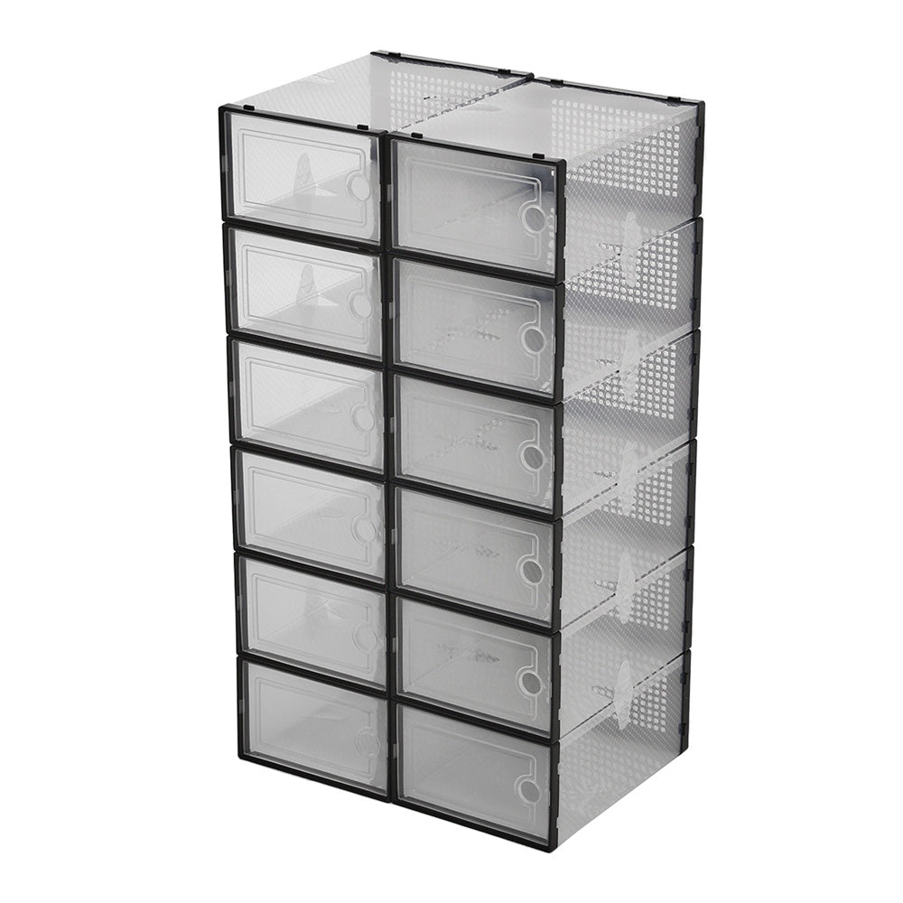 Folding Shoe Storage Box, 12 Pack Clear Transparent Shoe Storage Boxes Hard Plastic Stackable Organiser Containers Bins, DIY Easy Assembly, Sturdy & Durable, Space Saving, Black Door Frame, Foldable and Versatile for Sneakers, Fit up to UK Size 9.5
