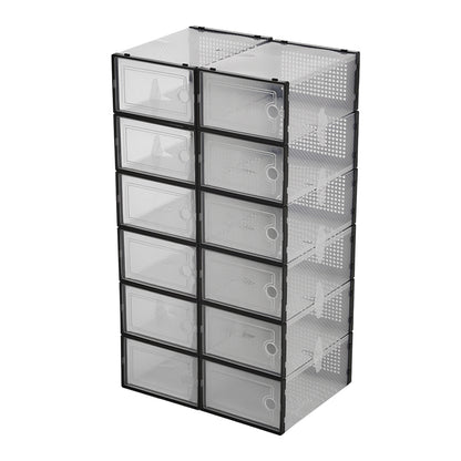 Folding Shoe Storage Box, 12 Pack Clear Transparent Shoe Storage Boxes Hard Plastic Stackable Organiser Containers Bins, DIY Easy Assembly, Sturdy & Durable, Space Saving, Black Door Frame, Foldable and Versatile for Sneakers, Fit up to UK Size 9.5