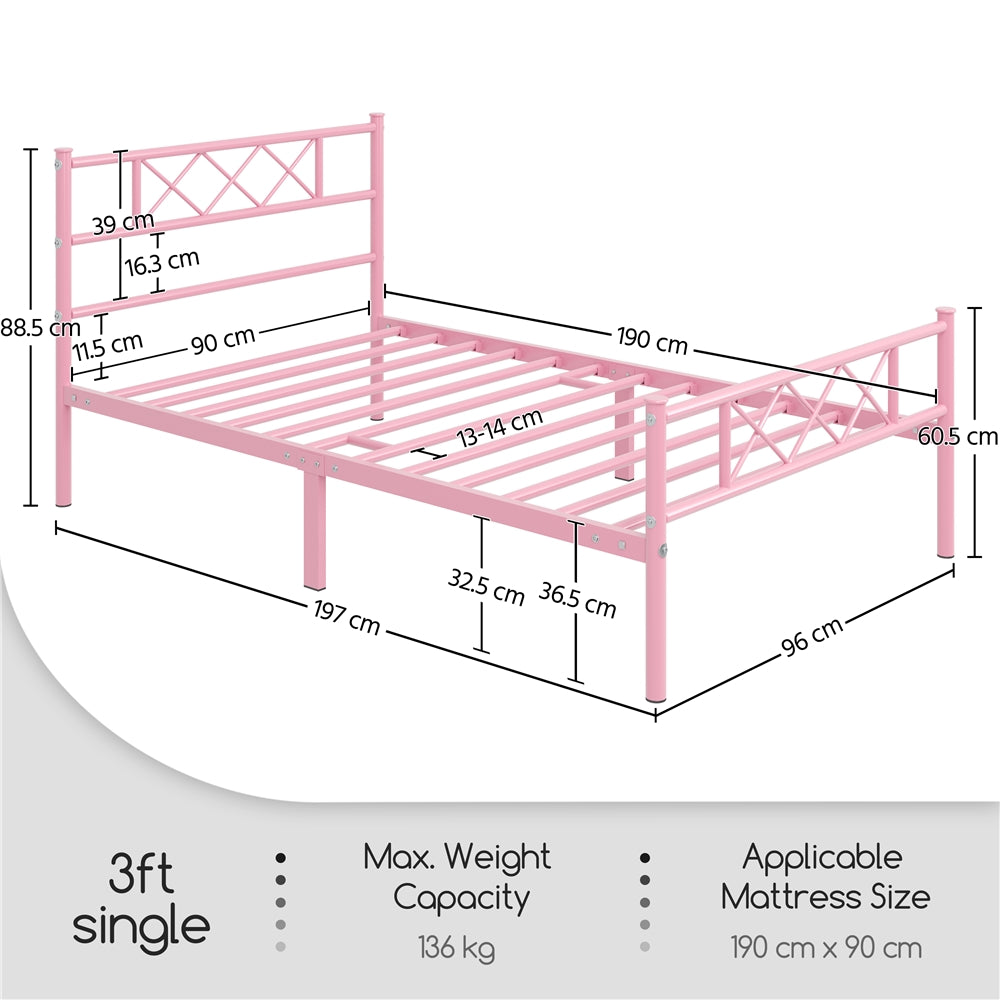 Costoffs Metal Bed Frame Metal-Framed Bed Base with Storage, Bed Foundation for Small Space, Easy Assembly Bed Foundation with Cross-design Headboard and Footboard for Bedrooms, Single/Double/king, Black/White/Pink