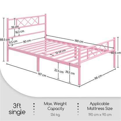Costoffs Metal Bed Frame Metal-Framed Bed Base with Storage, Bed Foundation for Small Space, Easy Assembly Bed Foundation with Cross-design Headboard and Footboard for Bedrooms, Single/Double/king, Black/White/Pink