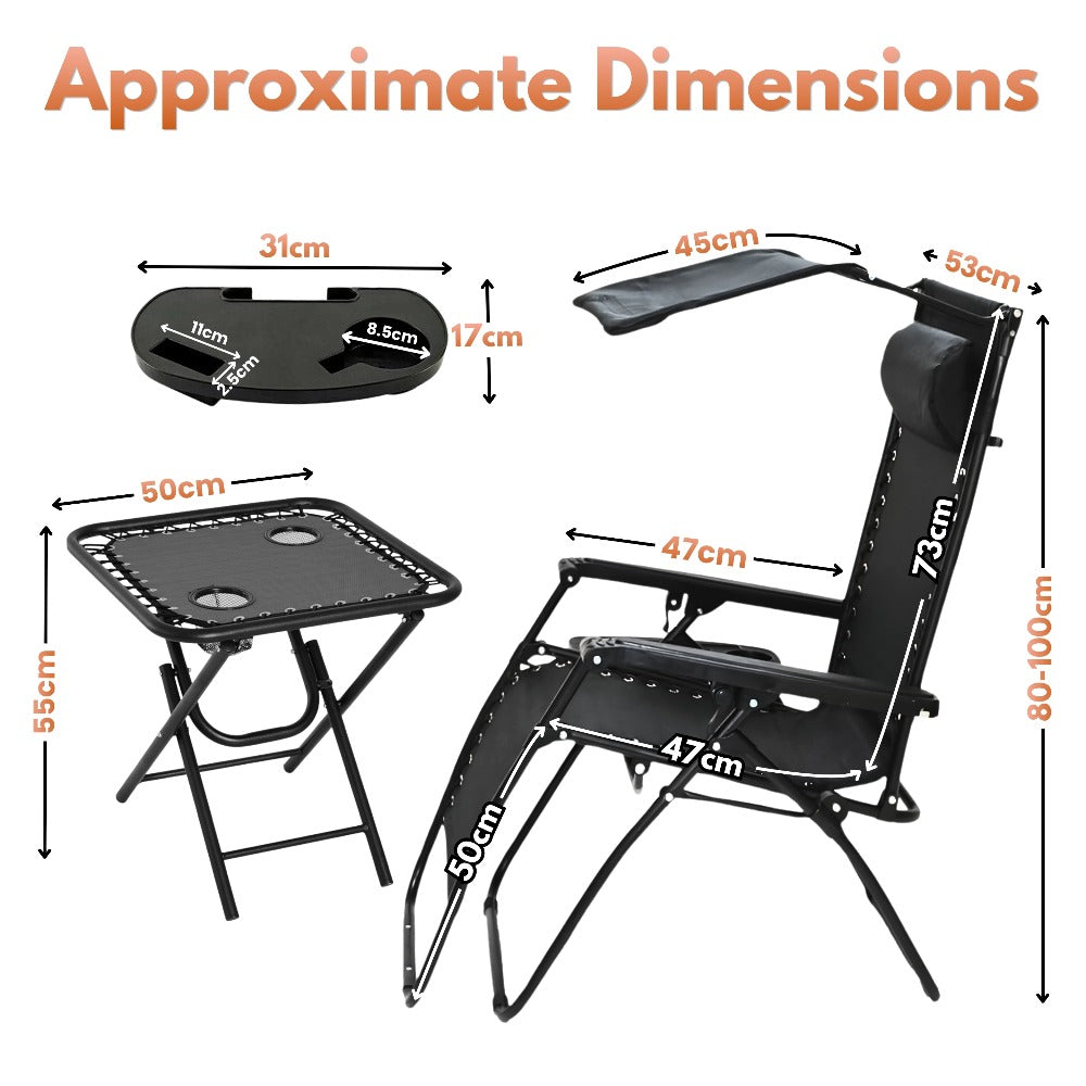 Zero Gravity Sun Lounger Set 3 Piece with Folding Table Canopy Shade Cup Holder Reclining Garden Patio Beach Chairs Breathable Mesh Black