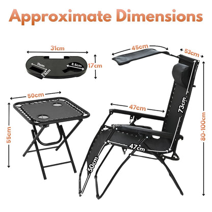 Zero Gravity Sun Lounger Set 3 Piece with Folding Table Canopy Shade Cup Holder Reclining Garden Patio Beach Chairs Breathable Mesh Black