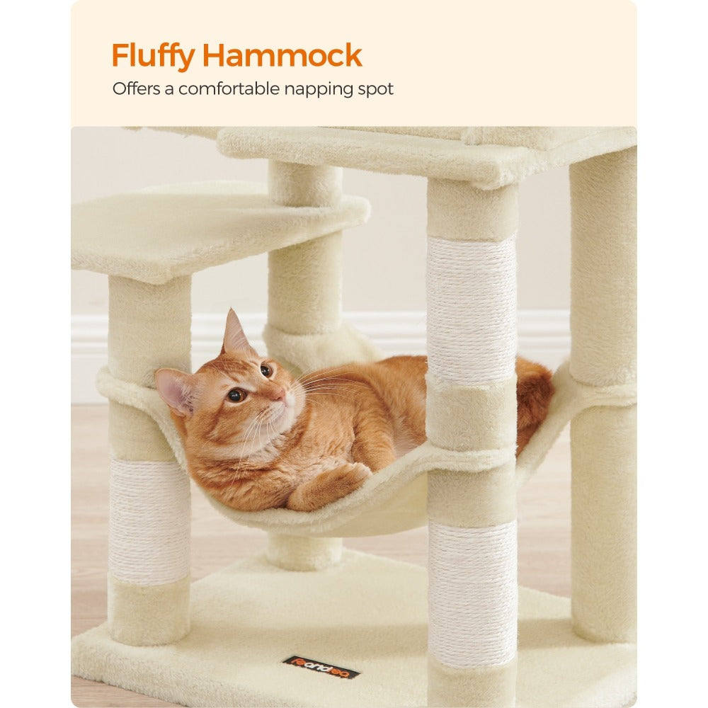 112cm Cat Tree Multi-Level Plush Tower Condo with 4 Scratching Posts, Hammock, Cave & Platforms – Stair-Step Design with Hanging Toys | Easy Assembly Indoor Cat Furniture | Pink White Beige Grey | UK