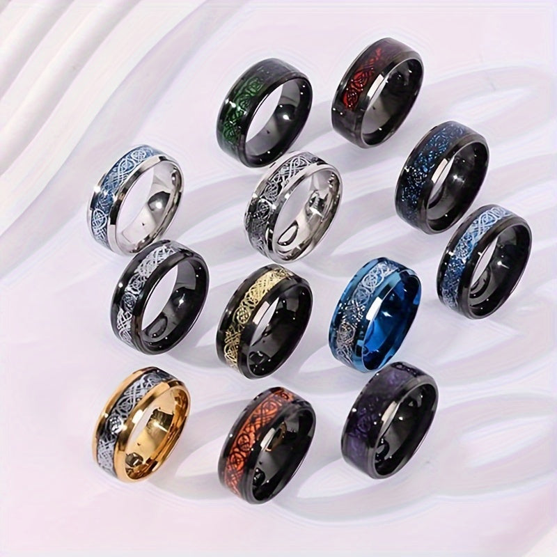 12pcs of 8mm 201 Stainless Steel rings for men and women, Celtic dragon beveled Celtic black ring, 201 Stainless Steel Golden wedding ring set size 7-13, non precious metal