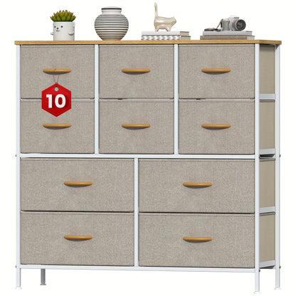 A 10-Drawer Dresser Featuring a Robust Metal Structure, MDF Wood Surface, Fabric Drawers, Adjustable Legs, And Anti-Tip Safety Measures - Perfect for Organizing Storage in a Bedroom, Closet, Living Room, Or Office